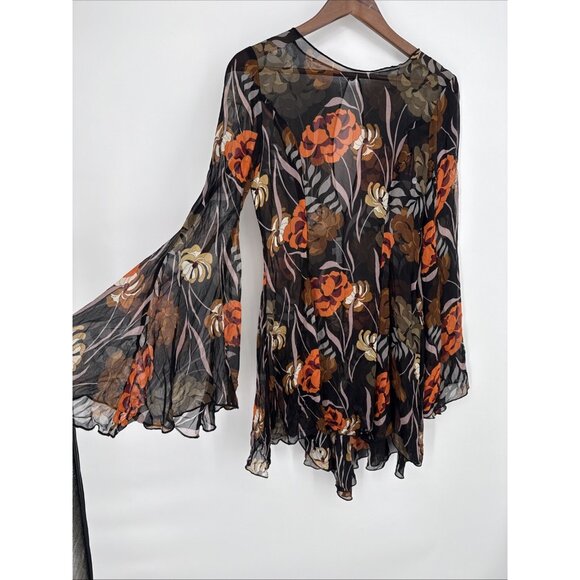Katie May Size Small Bell Sleeve Black 70s Floral Dress Sheer Mini Dress - Picture 4 of 13